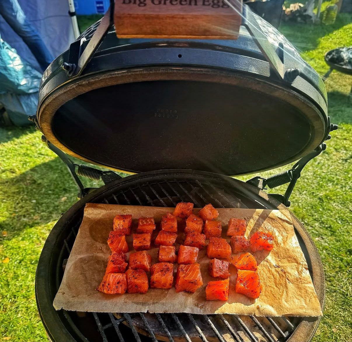 Seasoned salmon cubes on the grill of a Big Green Egg